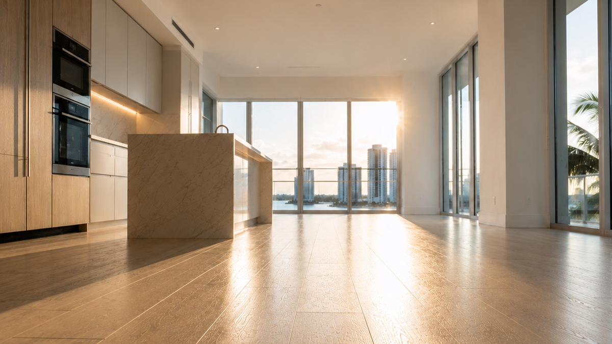 Sunlit high-rise apartment kitchen with floor-to-ceiling windows and city views, protected by Halo water leak detection